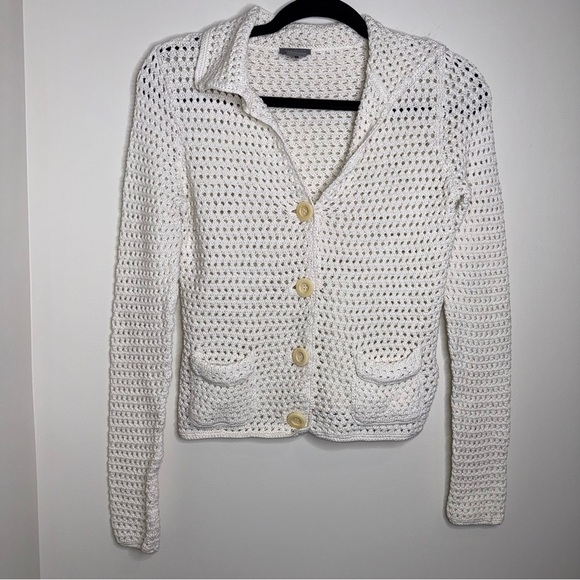 Ann Taylor Ivory Crochet Open-Knit Collared Button Up Cardigan - Picture 2 of 5